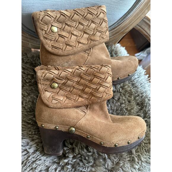 UGG Lynnea Arroyo wood clog Boots Brown Woven Suede Studded Heels Womens Sz 8 - Picture 1 of 16